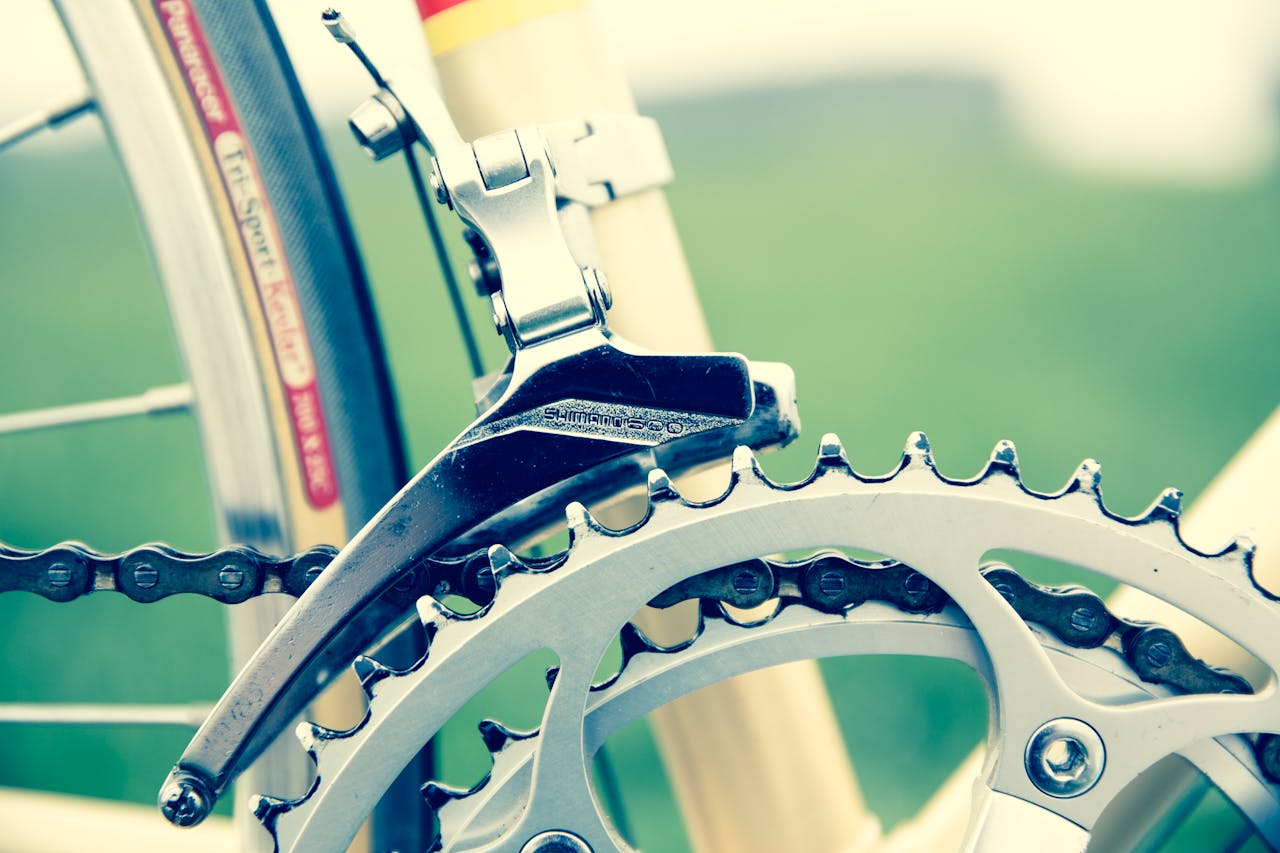 Detailed view of a bicycle's chainring and gear mechanism on a blurred background.